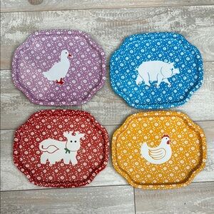 Set of 4 Vintage Farm Animal Thin Metal Snack Trinket Trays Chicken Cow DuckPig‎